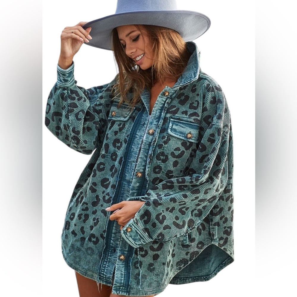 BIBI eopard Print Corduroy Shacket Teal Size Small Nwt